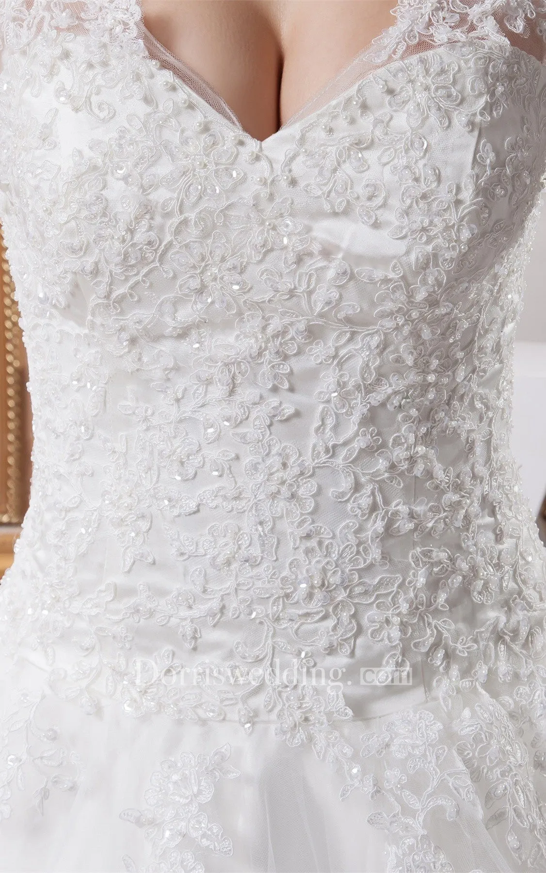 Plunged Tulle A-Line Caped-Sleeve Gown With Lace