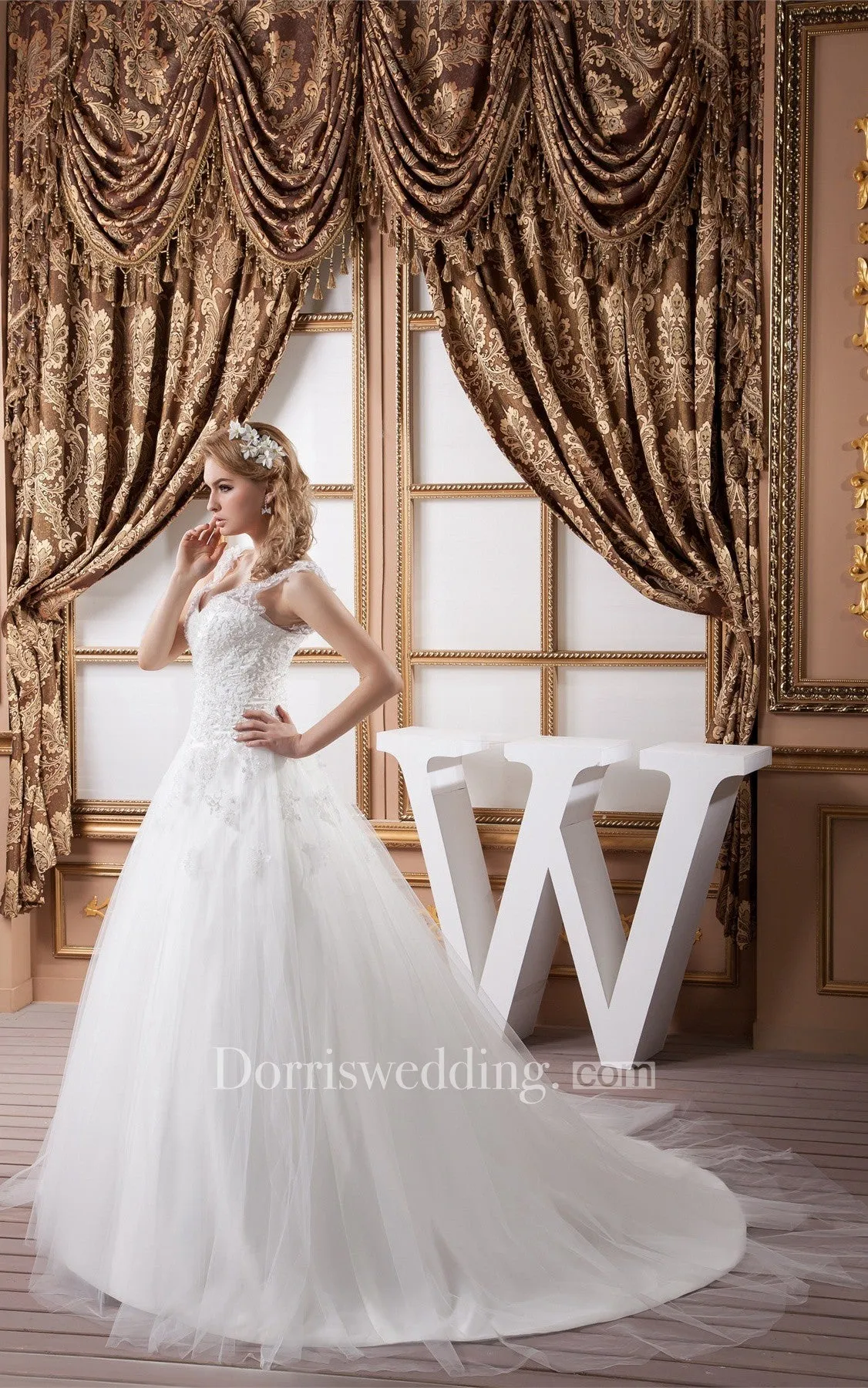 Plunged Tulle A-Line Caped-Sleeve Gown With Lace
