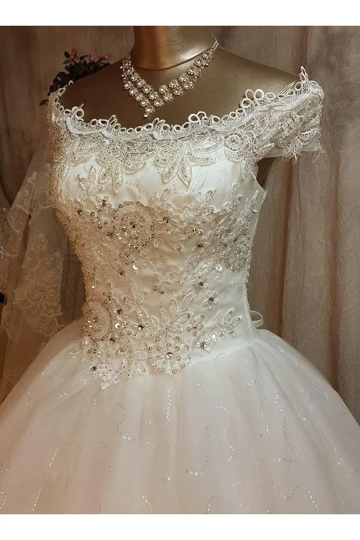 Princess Floral Short Sleeves A-Line Boho Off-the-Shoulder Lace Wedding Dress Vintage Unique Sparkly Tulle Ball Gown with Appliques and Beading