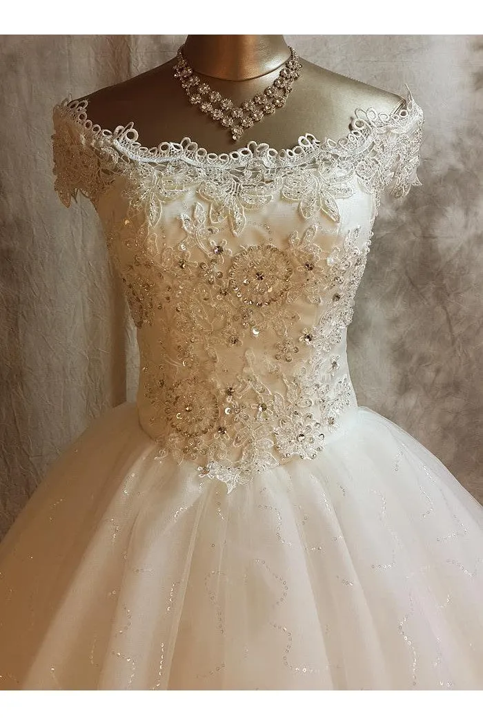 Princess Floral Short Sleeves A-Line Boho Off-the-Shoulder Lace Wedding Dress Vintage Unique Sparkly Tulle Ball Gown with Appliques and Beading