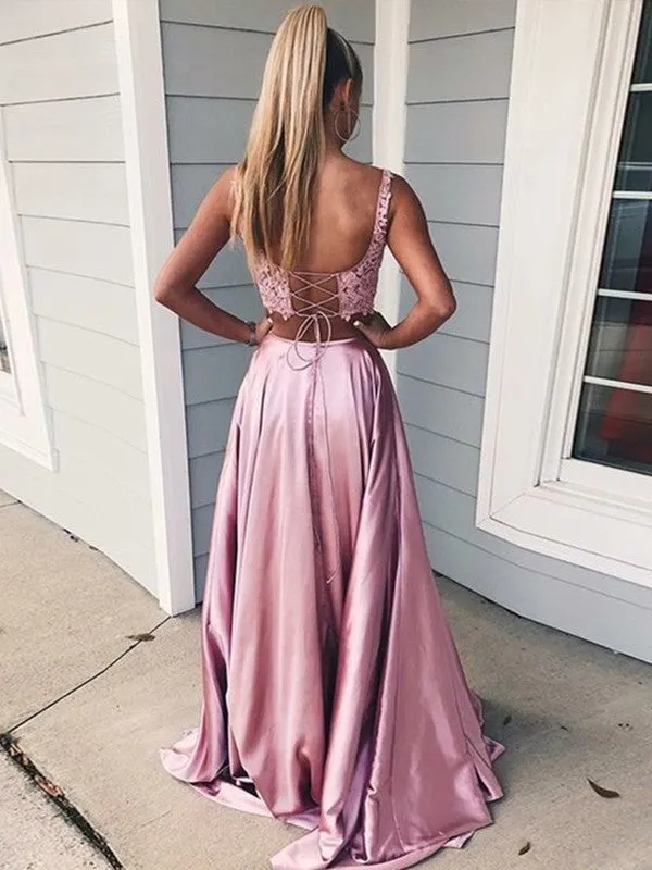 Princess Satin Two Piece Pink Prom Dresses Sleeveless Square