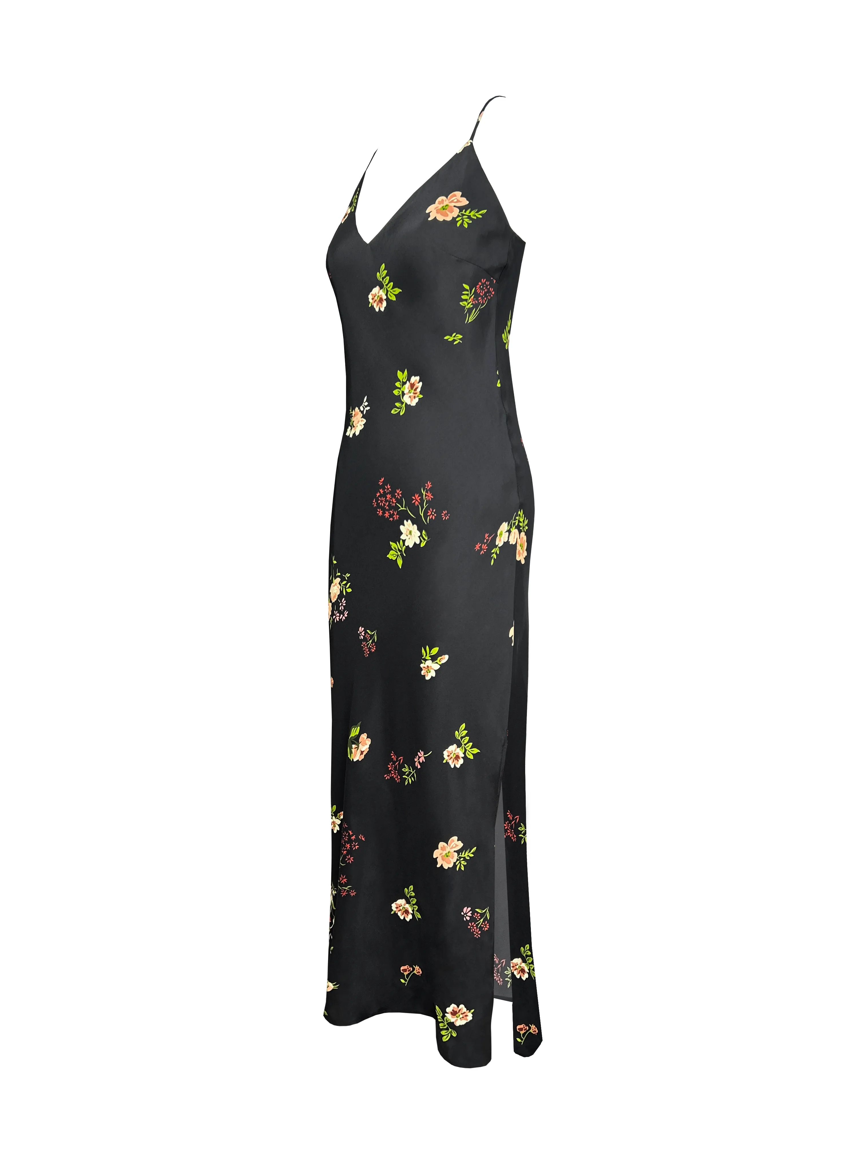 Printed Long Bias Dress - Black Enchanted Garden Print