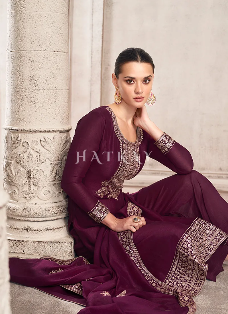 Purple Golden Embroidered Silk Salwar Kameez
