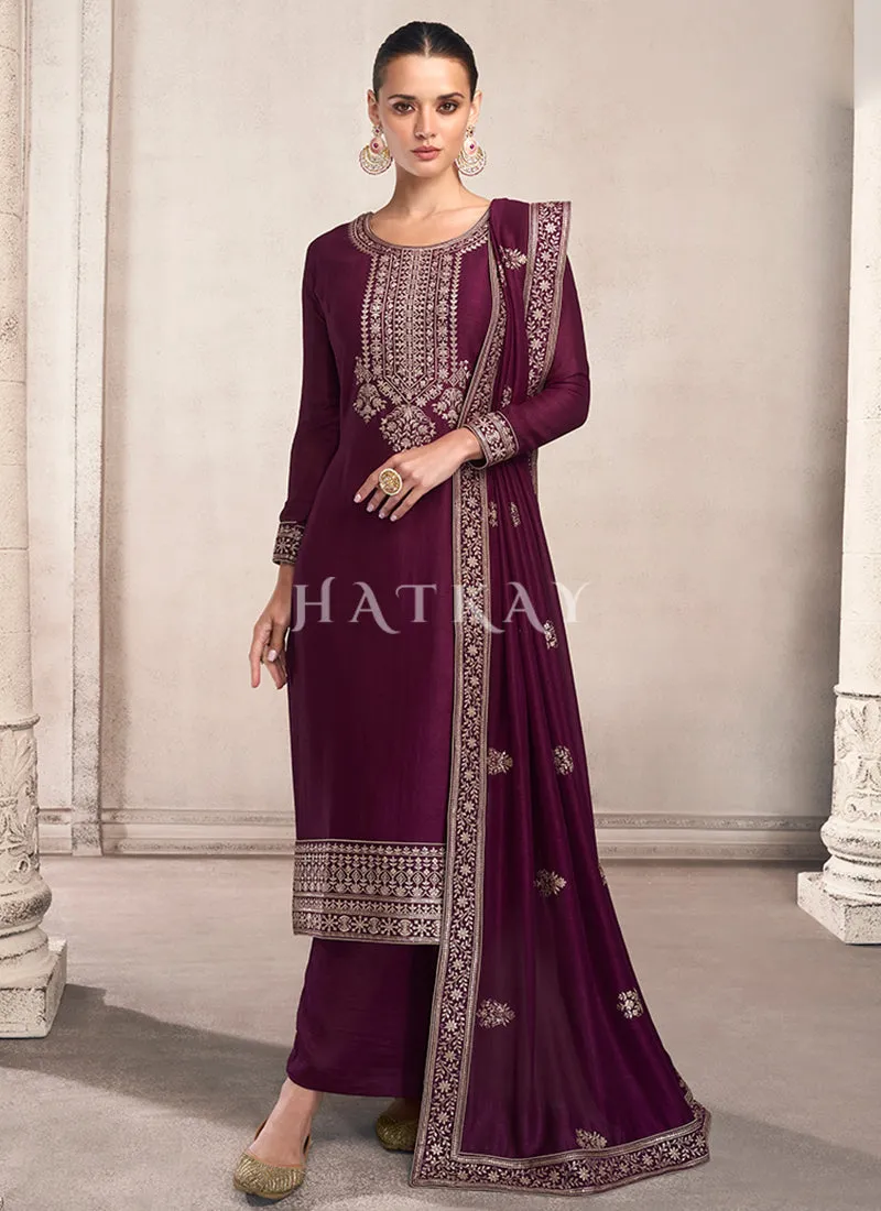 Purple Golden Embroidered Silk Salwar Kameez