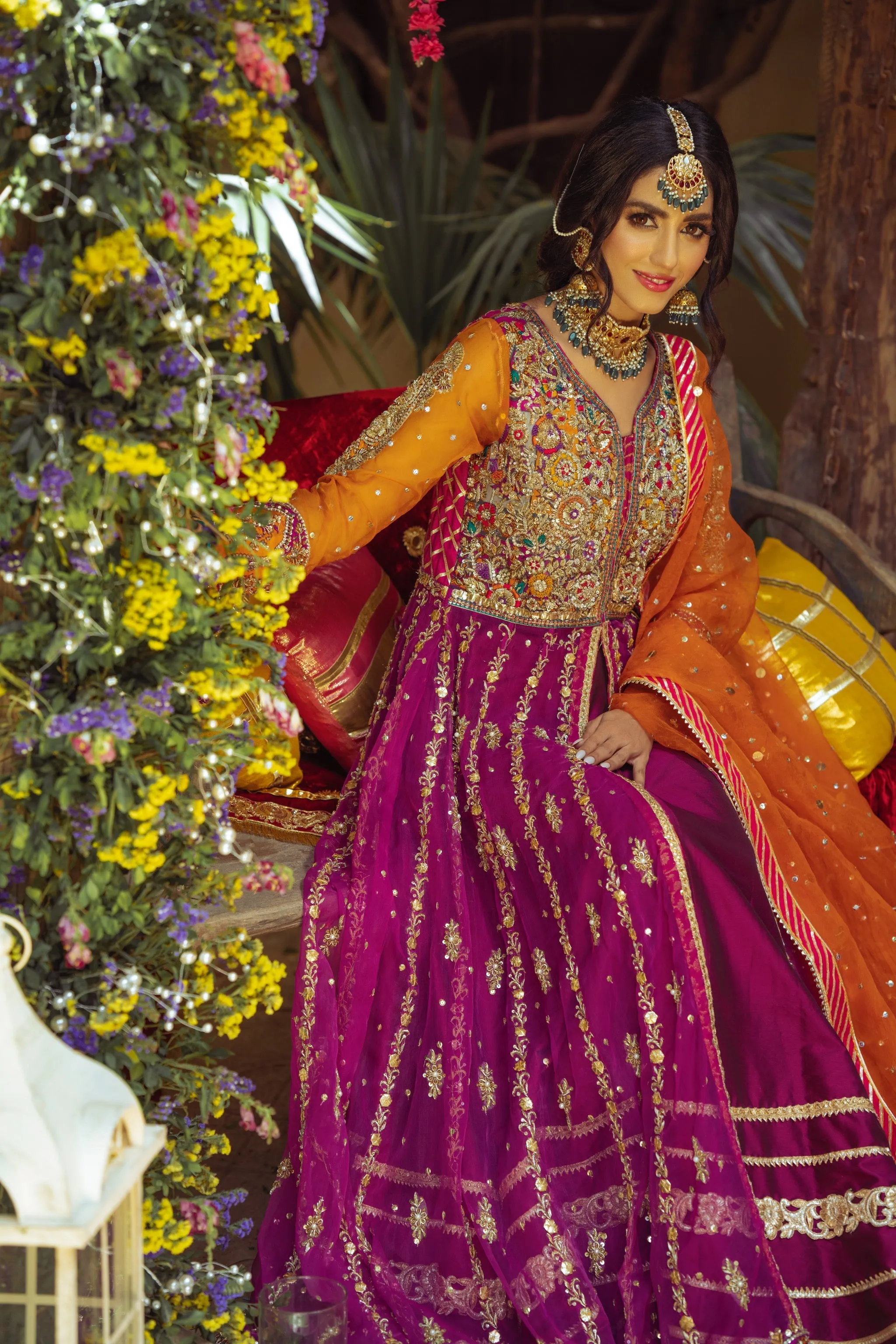 Purple Lehenga and Open Pishwas Pakistani Bridal Dress