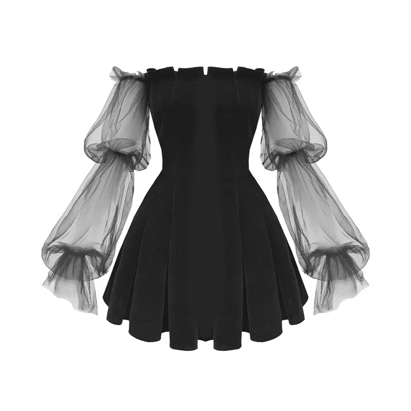 "BLACK PUFF SLEEVE OFF-SHOULDER VELVET" PLEATED DRESS K111822