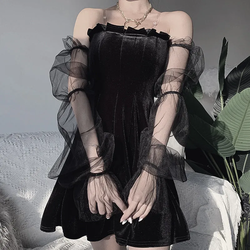 "BLACK PUFF SLEEVE OFF-SHOULDER VELVET" PLEATED DRESS K111822
