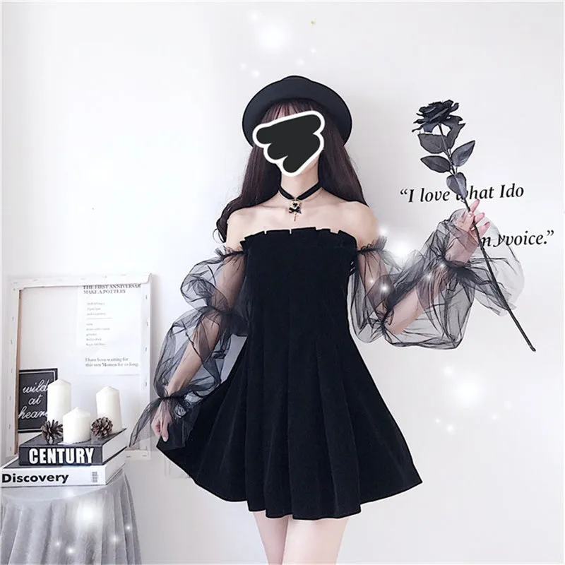 "BLACK PUFF SLEEVE OFF-SHOULDER VELVET" PLEATED DRESS K111822