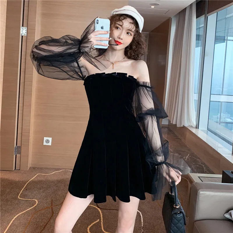 "BLACK PUFF SLEEVE OFF-SHOULDER VELVET" PLEATED DRESS K111822