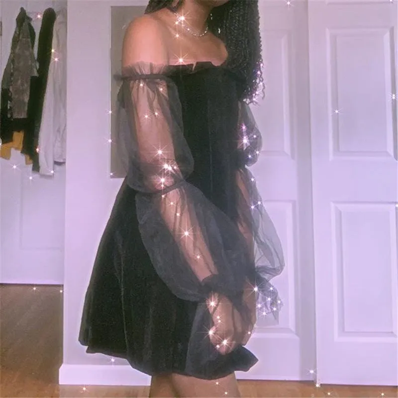 "BLACK PUFF SLEEVE OFF-SHOULDER VELVET" PLEATED DRESS K111822