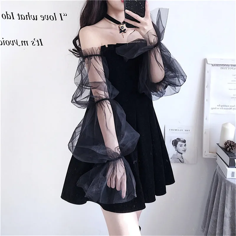 "BLACK PUFF SLEEVE OFF-SHOULDER VELVET" PLEATED DRESS K111822