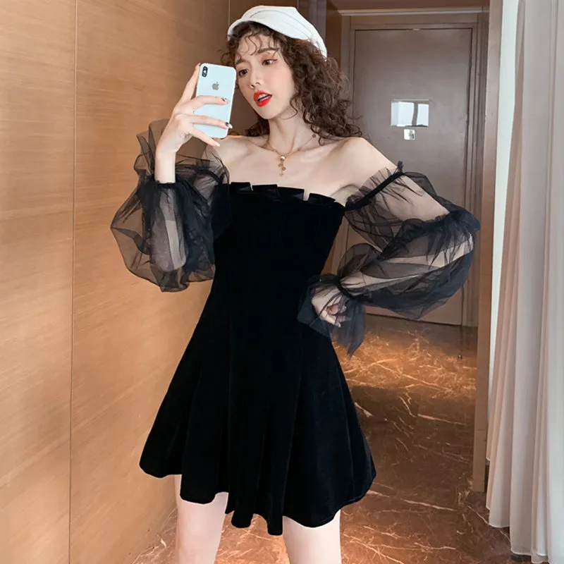 "BLACK PUFF SLEEVE OFF-SHOULDER VELVET" PLEATED DRESS K111822