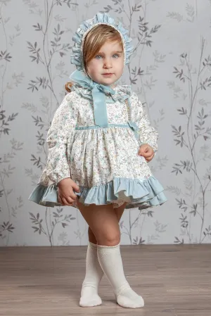 "Norah" Pale Blue Floral Dress, Bloomers & Bonnet