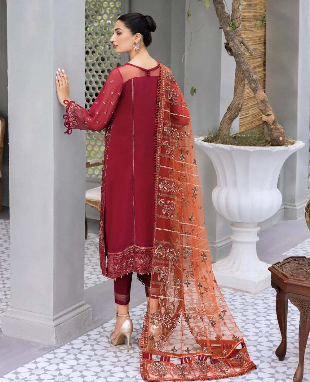 Red Embroidered Pakistani Party Wear Salwar Kameez Dupatta