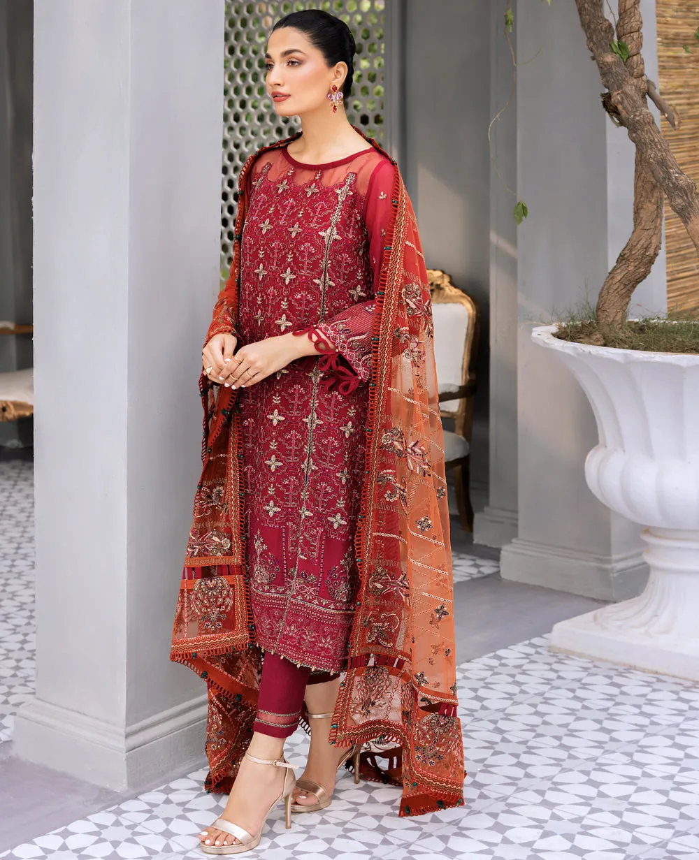 Red Embroidered Pakistani Party Wear Salwar Kameez Dupatta