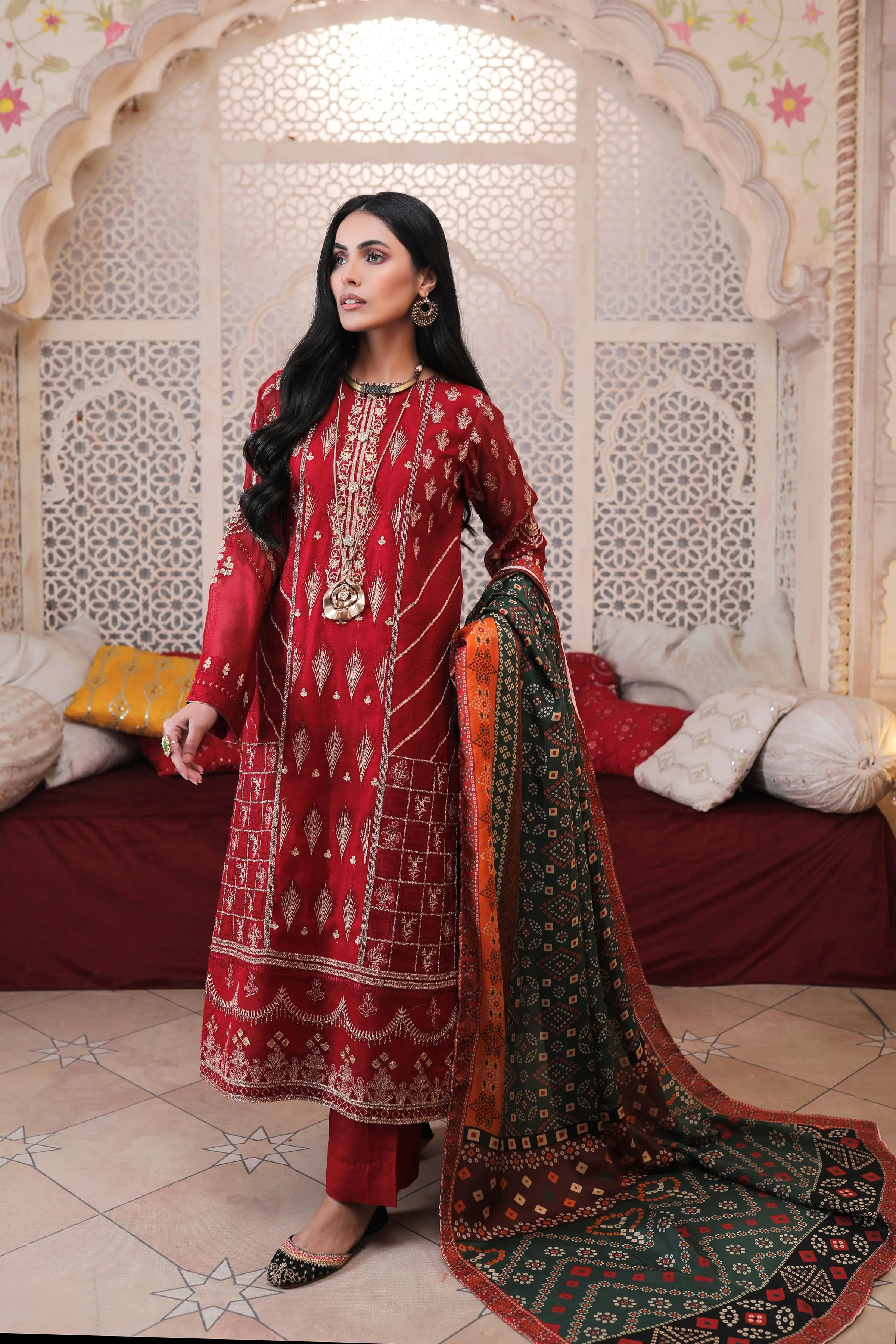 Red Kameez Salwar with Floral Embroidery #PF361
