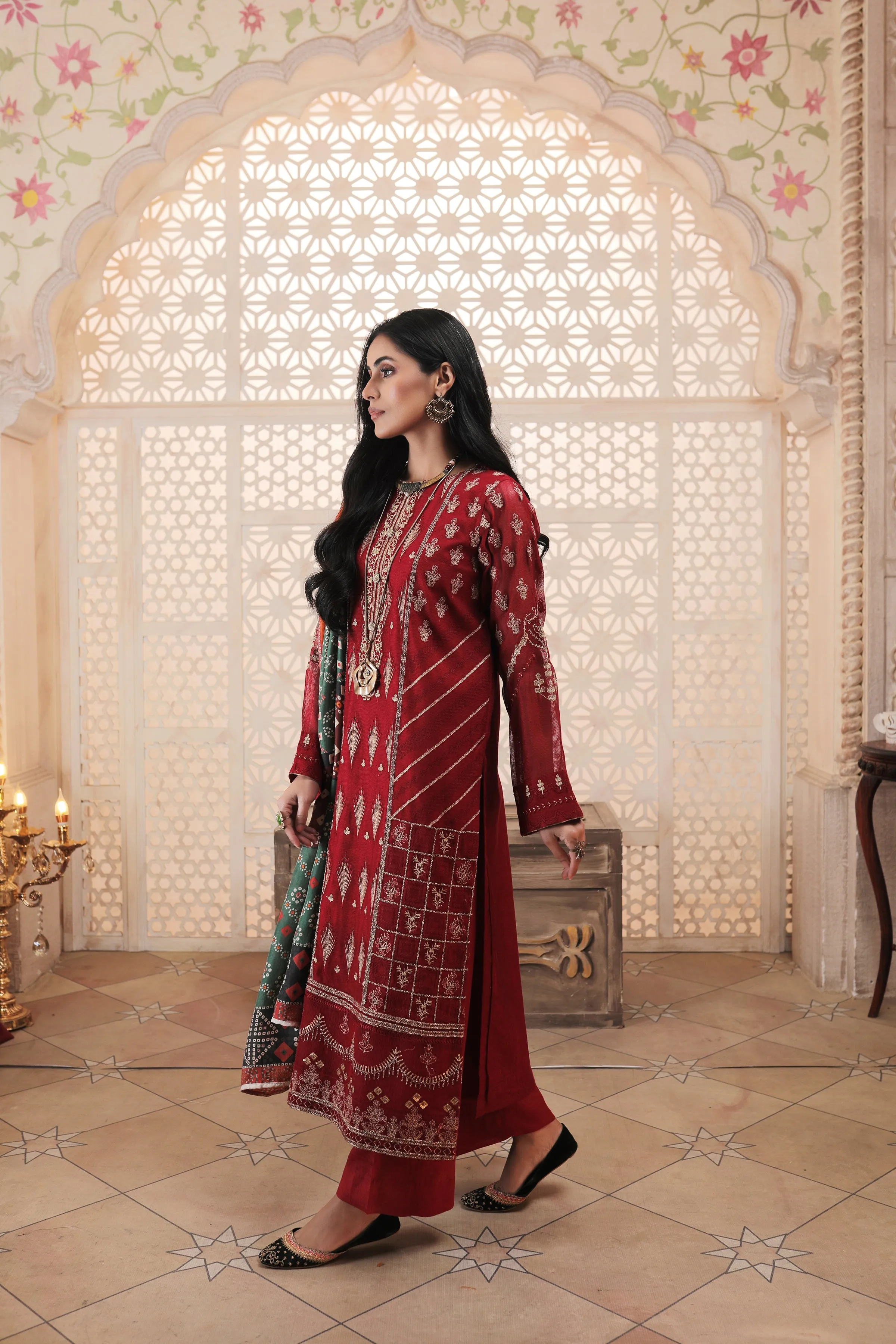 Red Kameez Salwar with Floral Embroidery #PF361