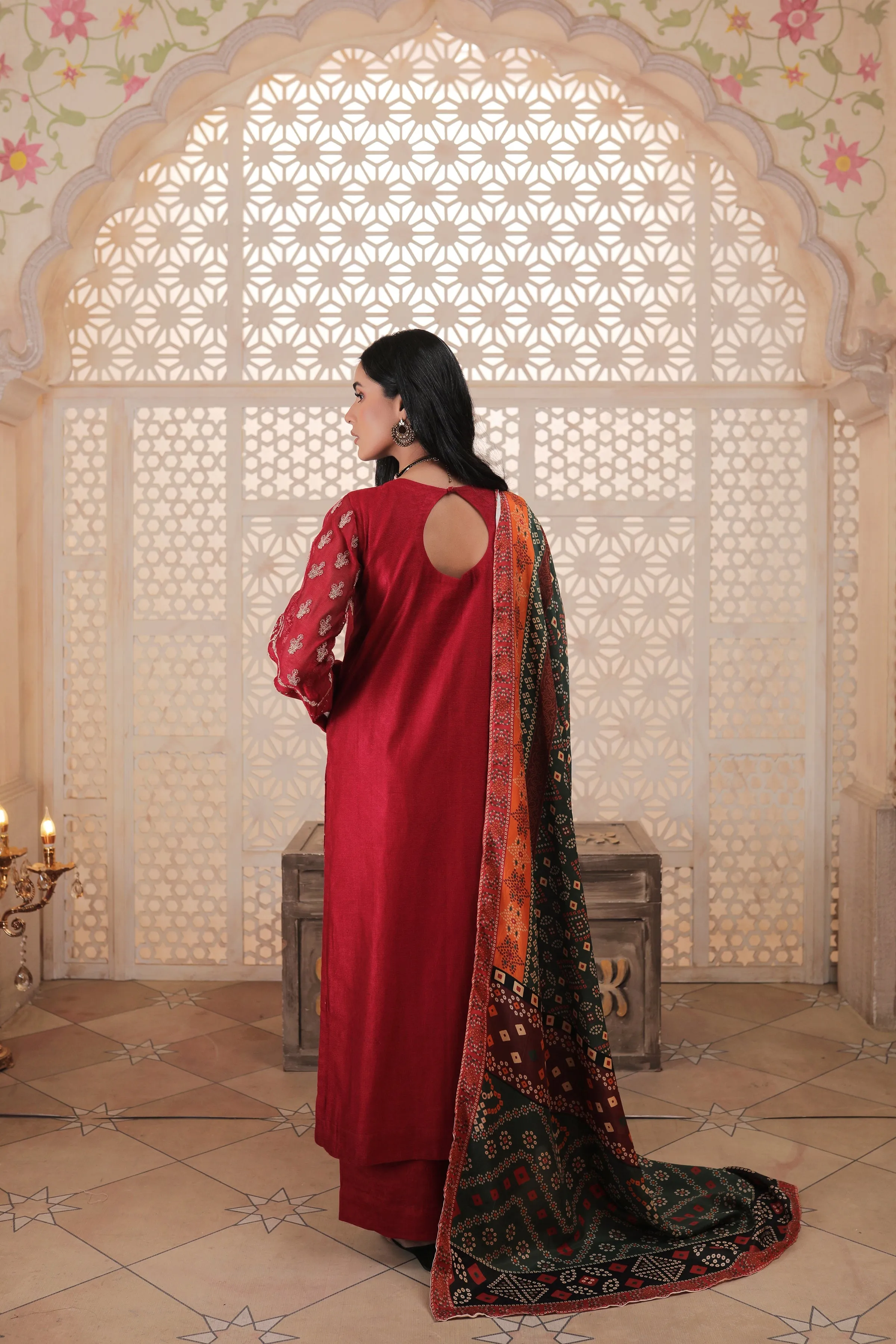 Red Kameez Salwar with Floral Embroidery #PF361