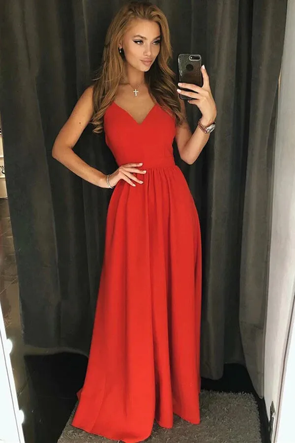 Red Satin A-line Spaghetti Straps Backless Prom Dresses, Evening Gown, MP731