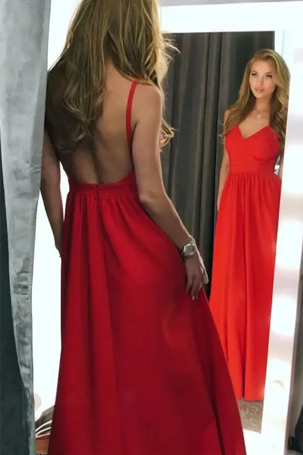 Red Satin A-line Spaghetti Straps Backless Prom Dresses, Evening Gown, MP731
