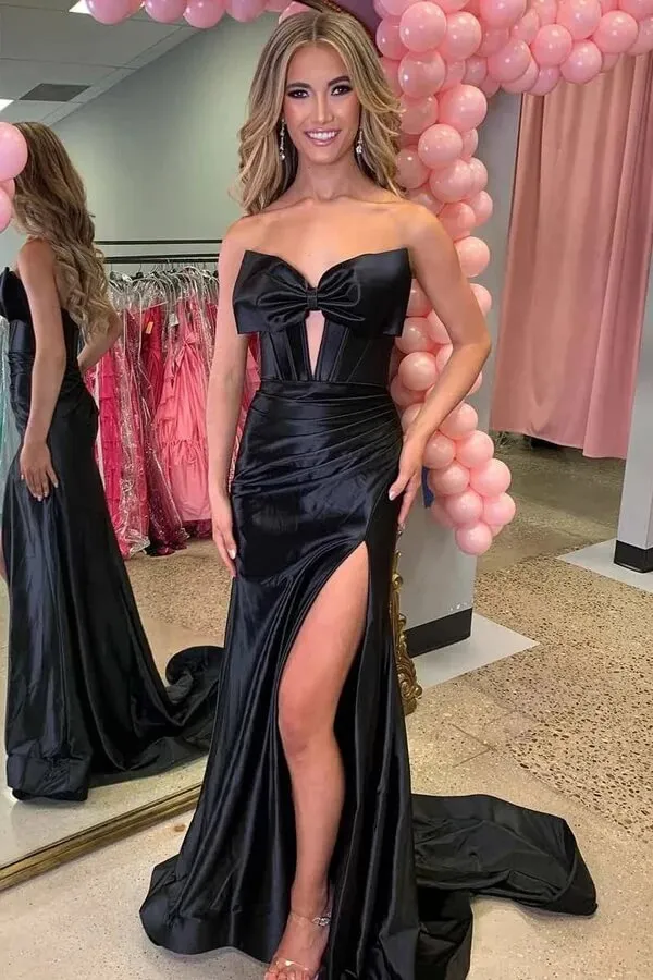 Red Satin Pleated Strapless V-neck Slit Long Prom Dresses With Bow, SLP061