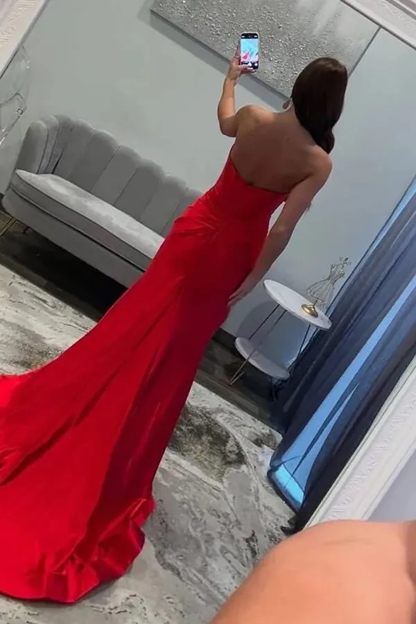 Red Satin Pleated Strapless V-neck Slit Long Prom Dresses With Bow, SLP061
