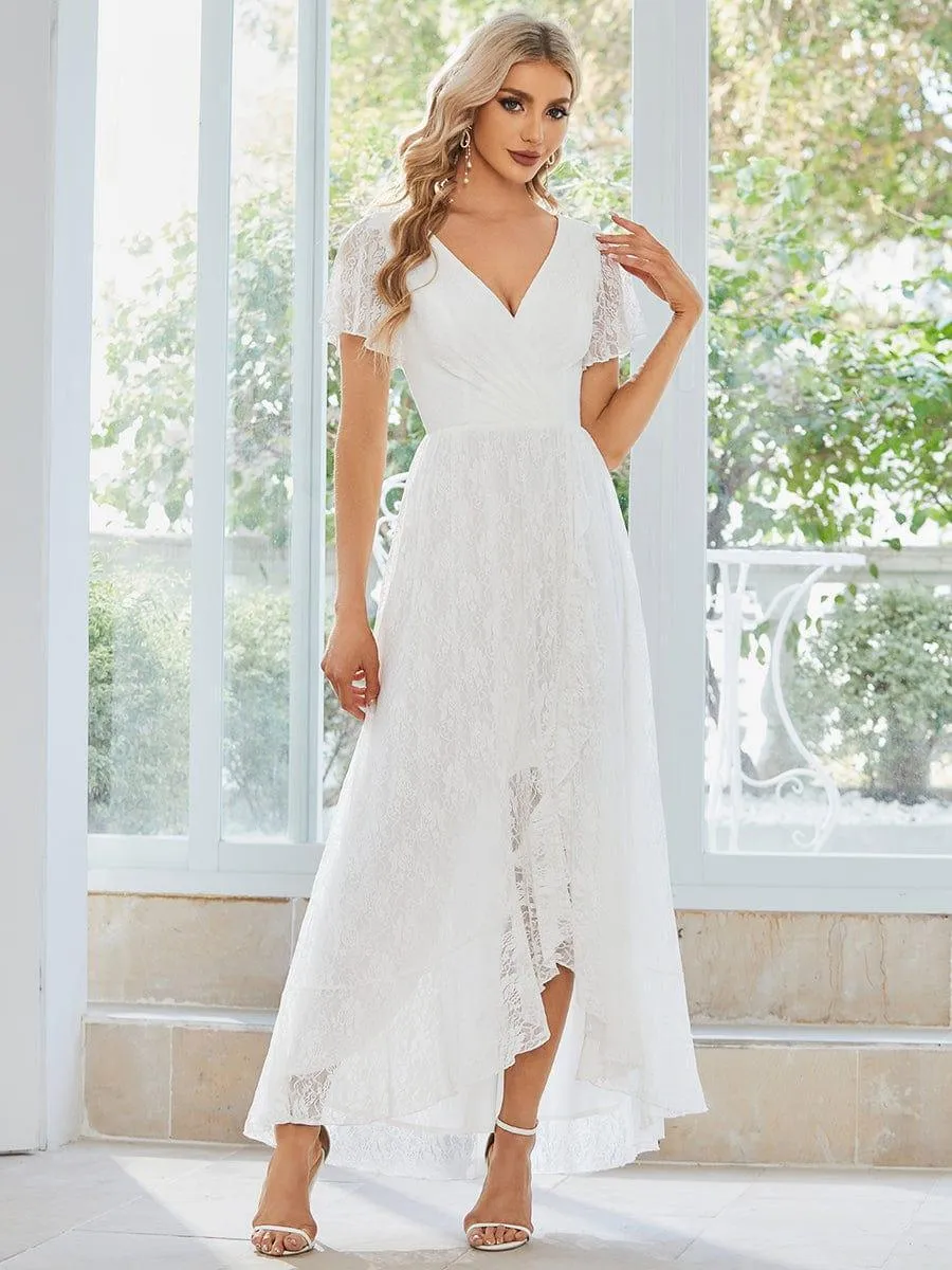 Robe de mère de la mariée formelle plissée à col en V et à volants en dentelle