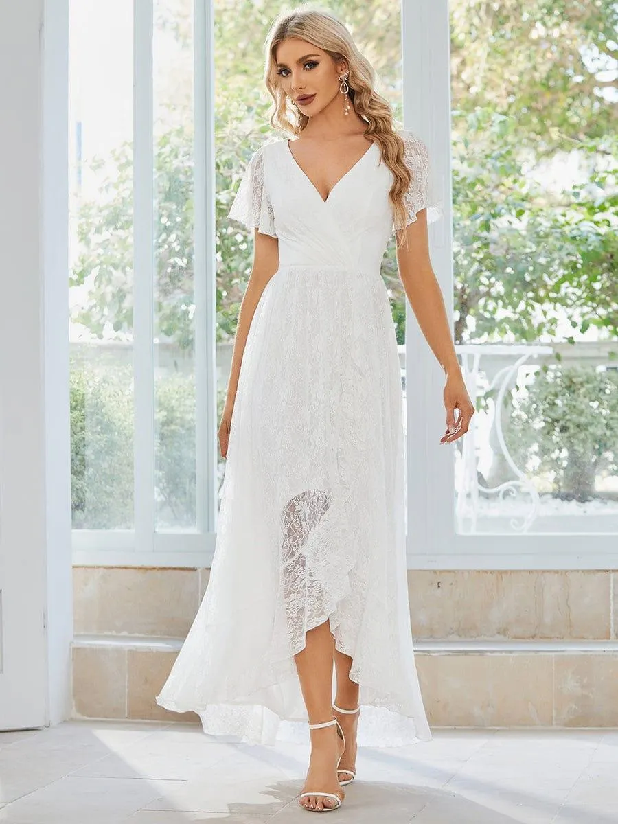 Robe de mère de la mariée formelle plissée à col en V et à volants en dentelle