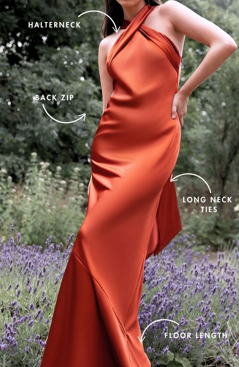 Roma Dress in Burnt Orange Satin