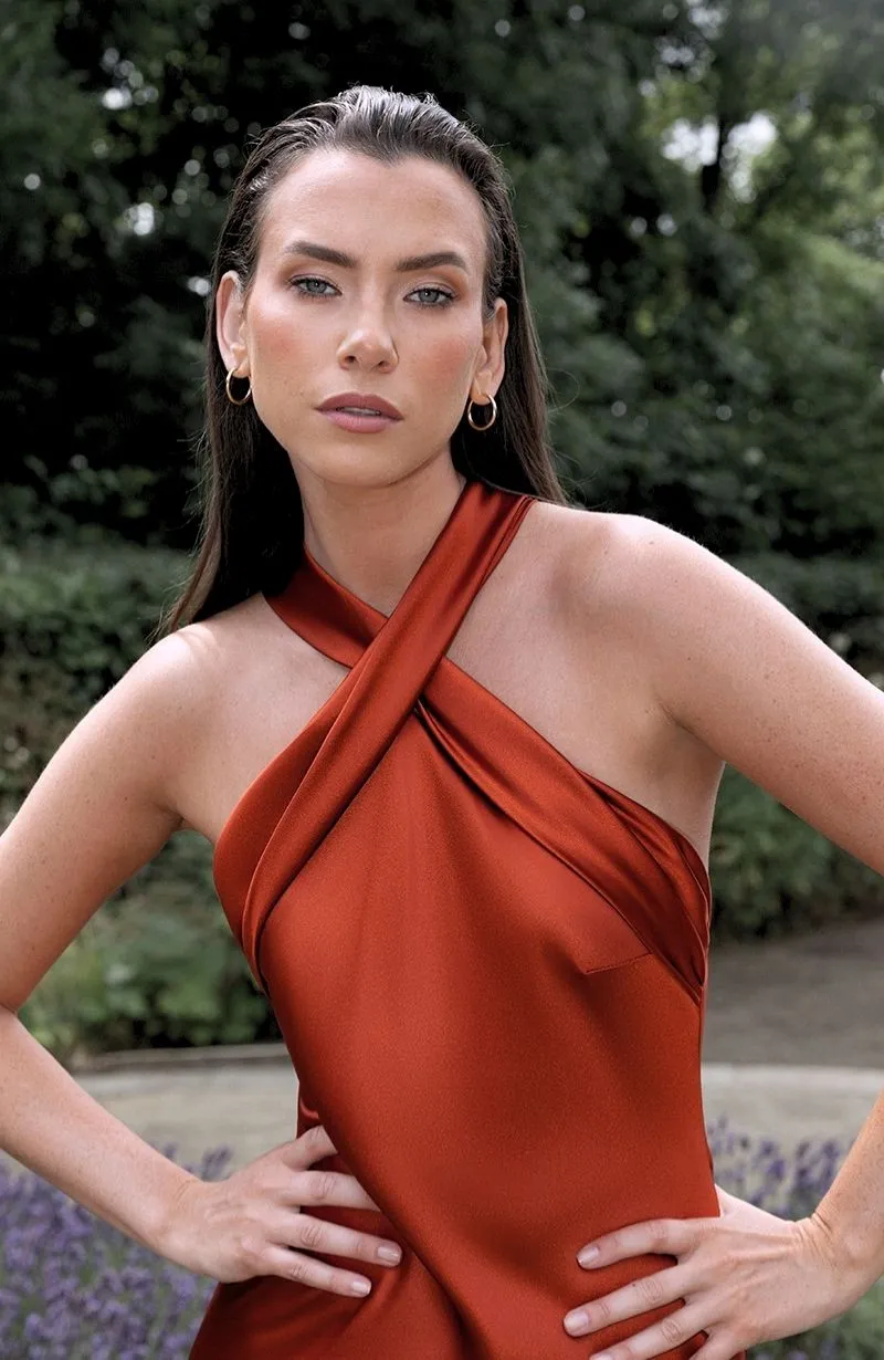 Roma Dress in Burnt Orange Satin