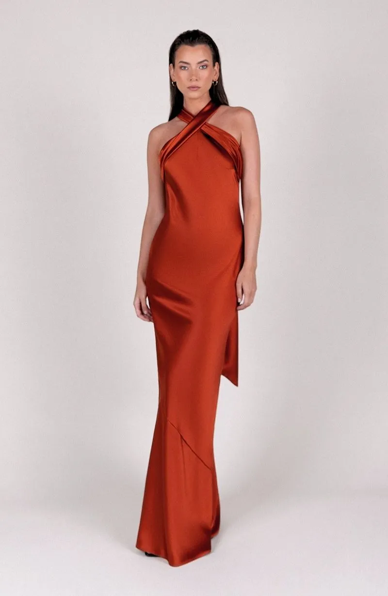 Roma Dress in Burnt Orange Satin