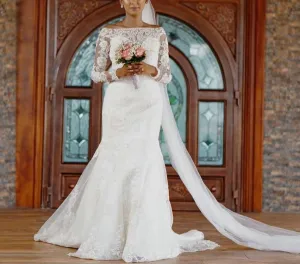 Romantic Lace Mermaid Wedding Dress Boat Neck Bridal Gown Long Sleeves Chapel Train Bride Dresses White Plus Size Customize