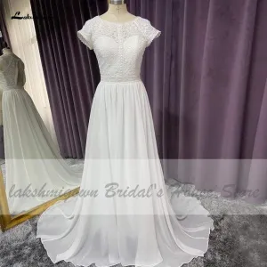Roycebridal Cap Short Sleeve Beach Wedding Dress Lace Bodice Sexy Chiffon A Line
