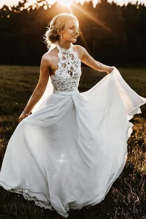 Roycebridal Chiffon A-Line Halter Sleeveless Long Beach Wedding Dress with Lace,MW336