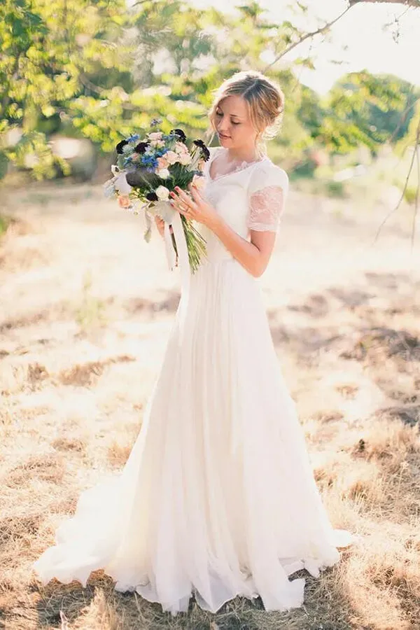 Roycebridal Chiffon A-line Short Sleeves Boho Wedding Dresses, Lace Wedding Gown, MW838