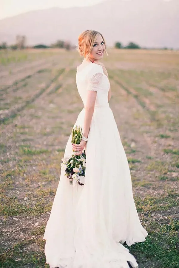 Roycebridal Chiffon A-line Short Sleeves Boho Wedding Dresses, Lace Wedding Gown, MW838