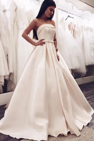 Roycebridal Elegant Ball Gown Strapless Satin Long Wedding Dresses with Bow,Cute Wedding Dresses,MW478
