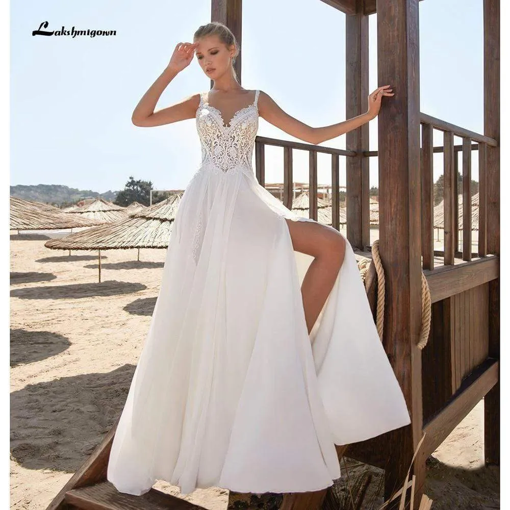 Roycebridal High Split Lace Bocide Spaghetti Straps Wedding Dresses
