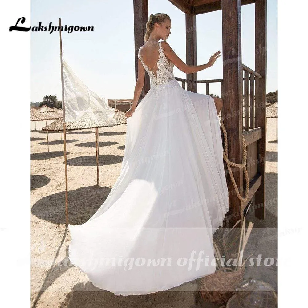 Roycebridal High Split Lace Bocide Spaghetti Straps Wedding Dresses