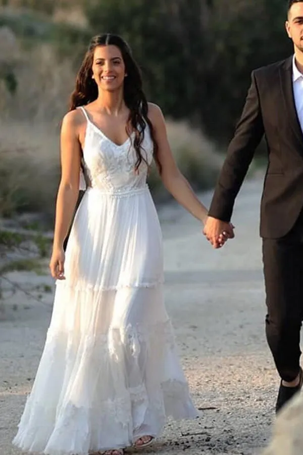 Roycebridal Ivory Chiffon A-line V-neck lace Beach Wedding Dresses, Bridal gown, MW679