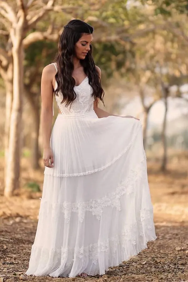 Roycebridal Ivory Chiffon A-line V-neck lace Beach Wedding Dresses, Bridal gown, MW679