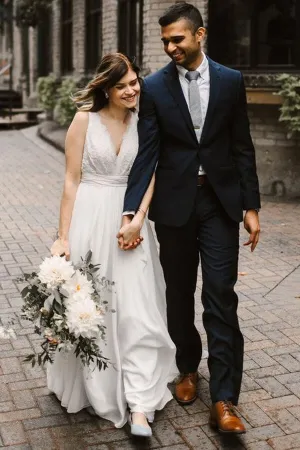 Roycebridal Ivory Chiffon Backless A-line V-neck Lace Wedding Dresses, Bridal Gown, MW668