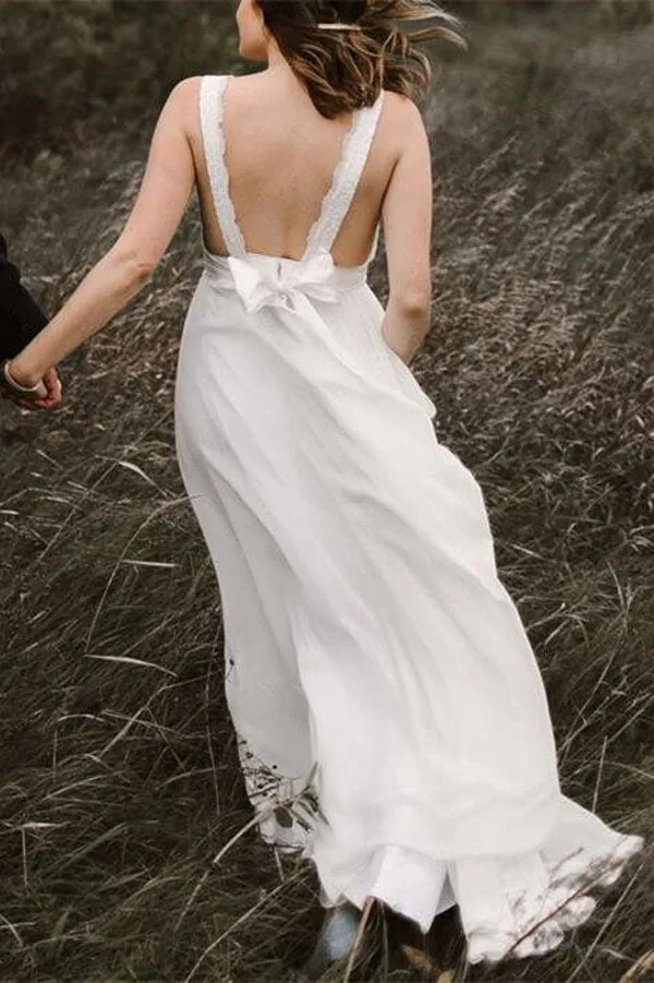 Roycebridal Ivory Chiffon Backless A-line V-neck Lace Wedding Dresses, Bridal Gown, MW668