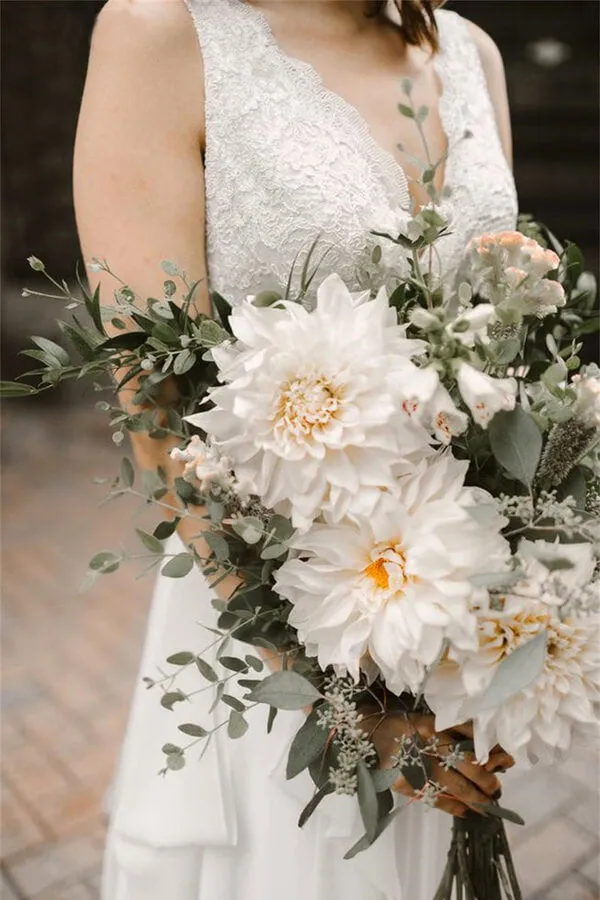 Roycebridal Ivory Chiffon Backless A-line V-neck Lace Wedding Dresses, Bridal Gown, MW668