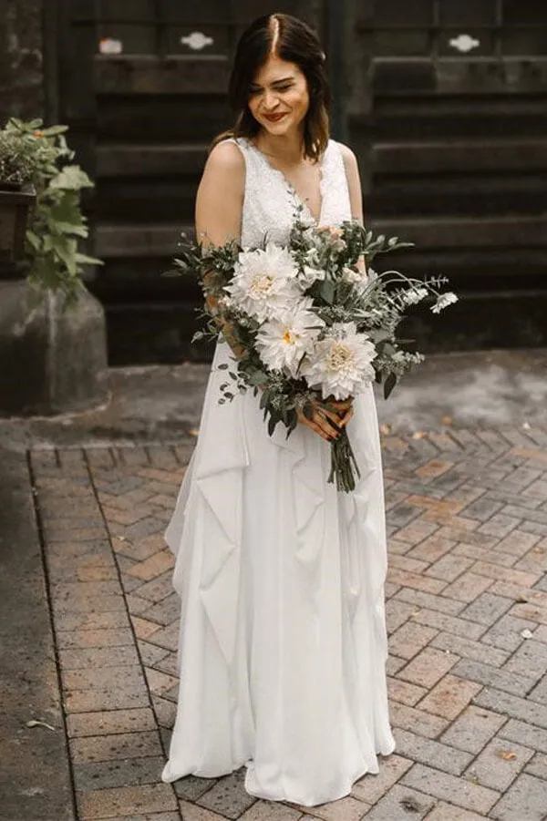 Roycebridal Ivory Chiffon Backless A-line V-neck Lace Wedding Dresses, Bridal Gown, MW668