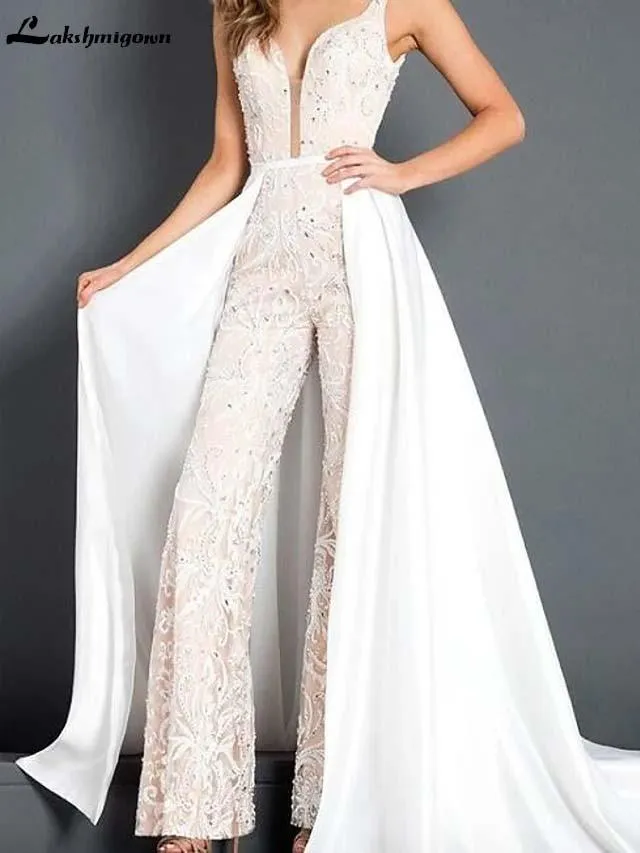 Roycebridal Jumpsuits Wedding Dresses V Wire Floor Length