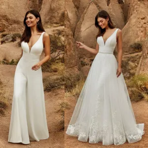 Roycebridal Jumpsuits Wedding Dresses With Detachable Skirt Beaded Lace