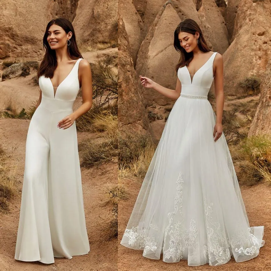 Roycebridal Jumpsuits Wedding Dresses With Detachable Skirt Beaded Lace