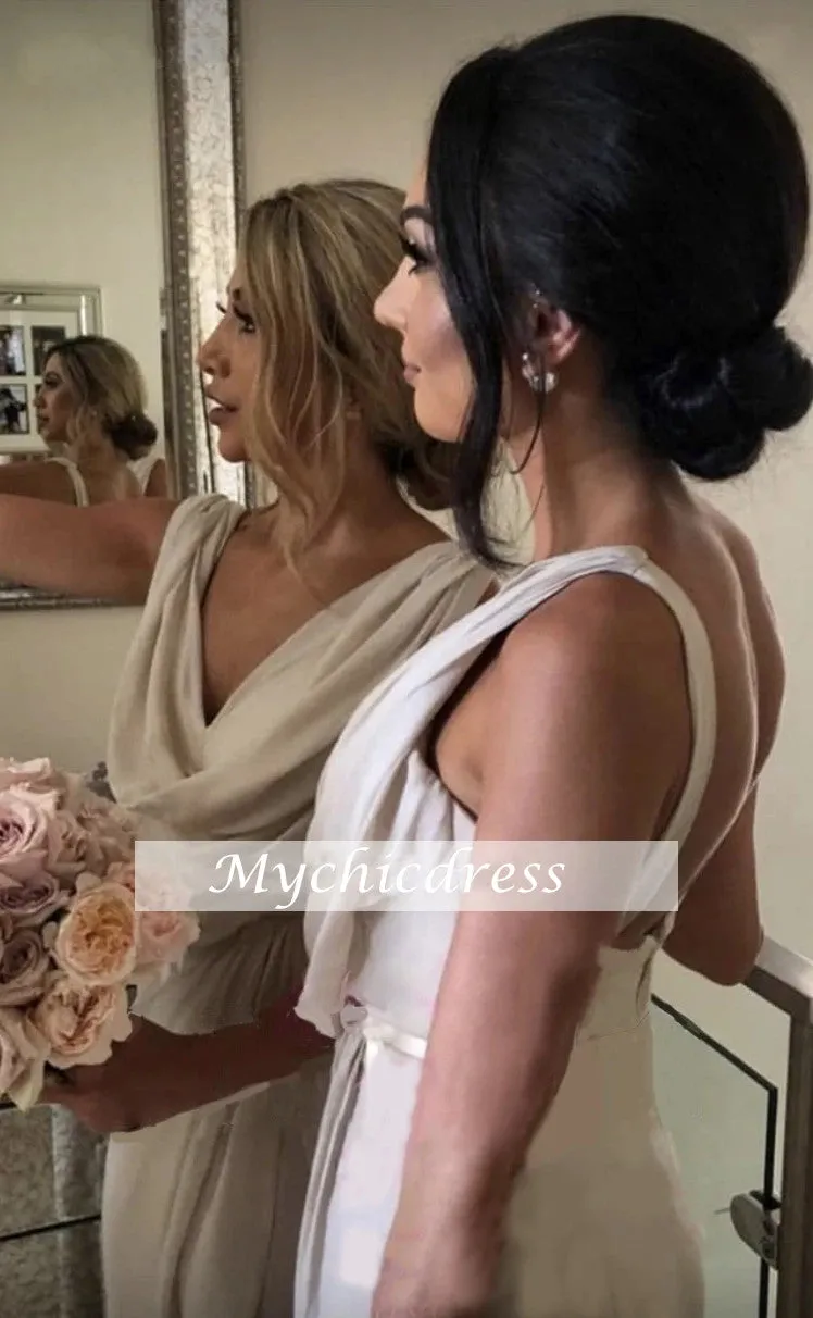 Roycebridal Long V-Neck Chiffon Bridesmaid Dresses Sleeveless Side-Slit