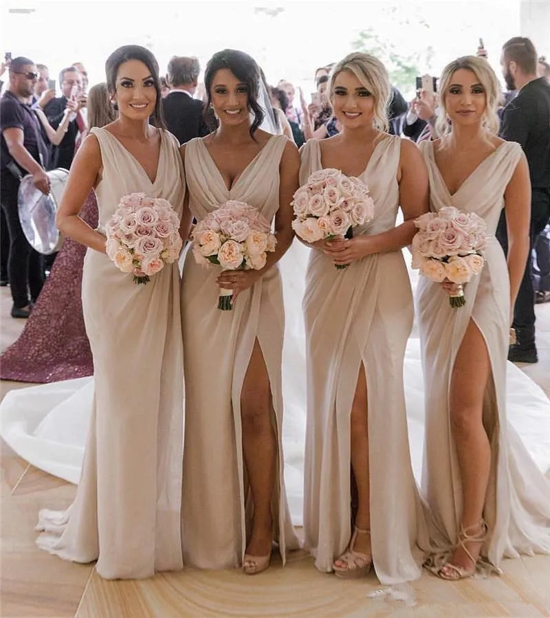 Roycebridal Long V-Neck Chiffon Bridesmaid Dresses Sleeveless Side-Slit